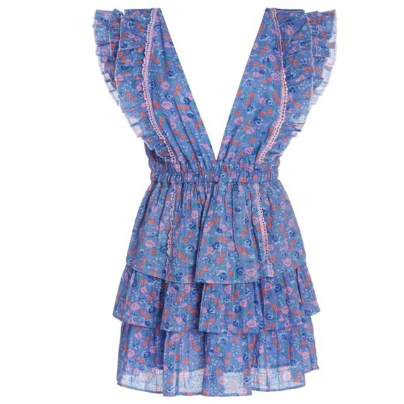NWT LoveShackFancy Bennett Tiered Floral Print Dress blue / purple - size large